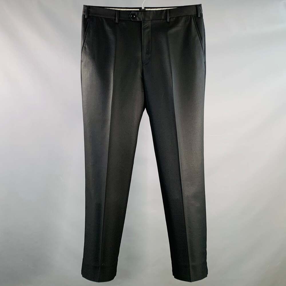 PAL ZILERI Size L Black Wool Silk Flat Front Zip Fly Dress Pants